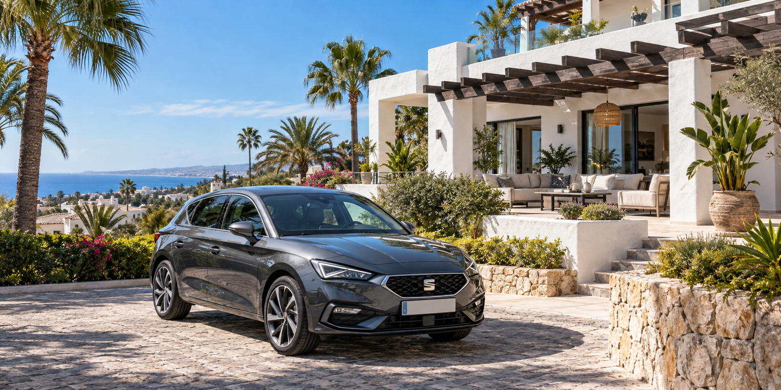 Appartement de luxe à Marbella avec terrasse et Seat Leon gris foncé sous le soleil