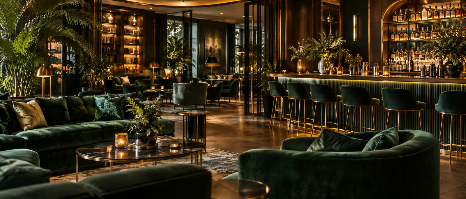 Projet de club privé avec lounge, bar élégant et fauteuils vert foncé