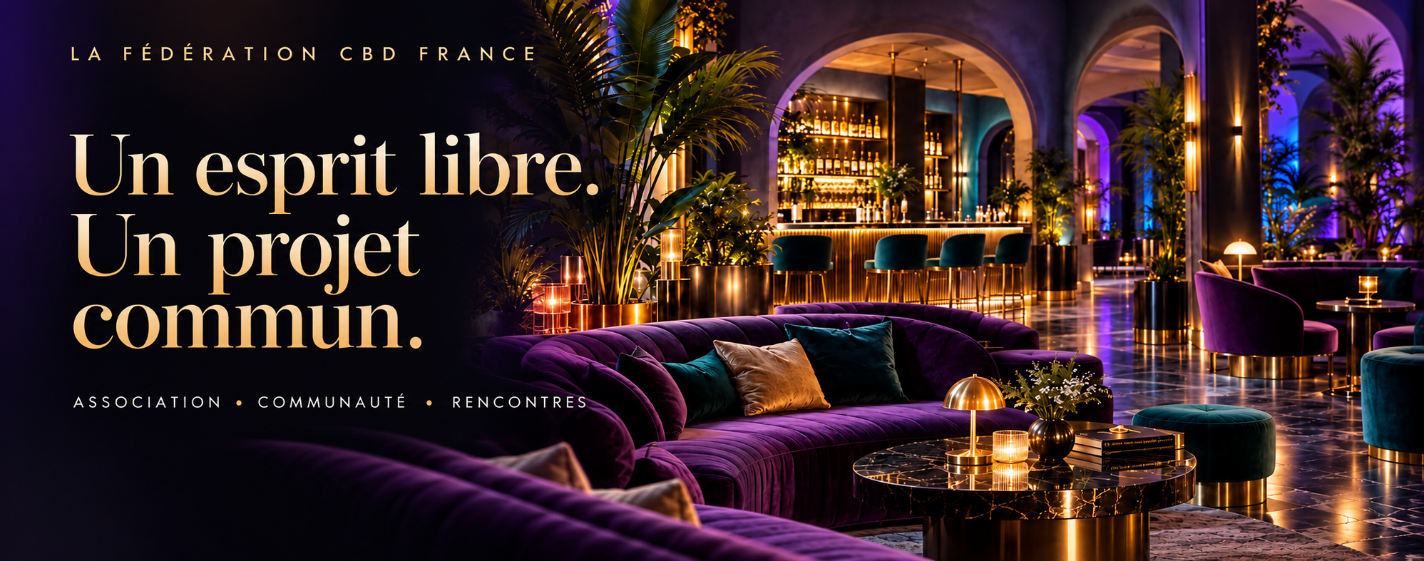 La Fédération CBD France : Un esprit libre. Un projet commun. Salon violet, turquoise et doré illustrant le projet Club Sensimilia — lieu non ouvert.