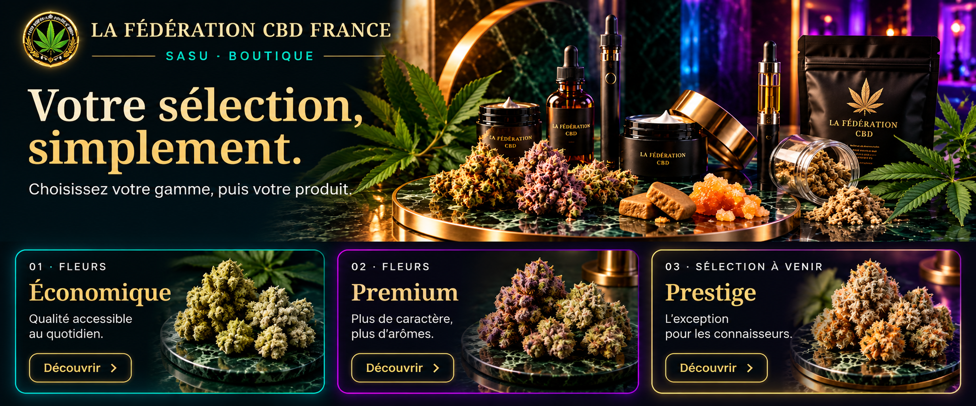 La Fédération CBD France — SASU boutique. Votre sélection, simplement. Huiles, vape, fleurs, résines et cosmétiques.