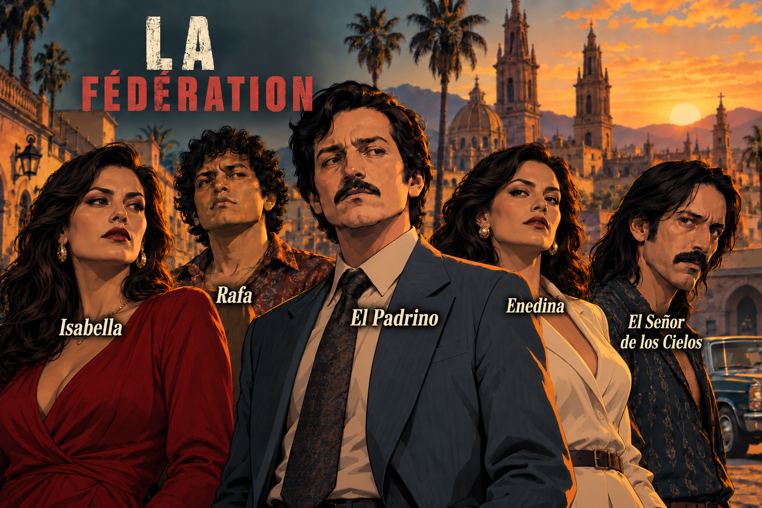 La Fédération — Isabella en robe rouge, Rafa, El Padrino, Enedina et El Señor de los Cielos